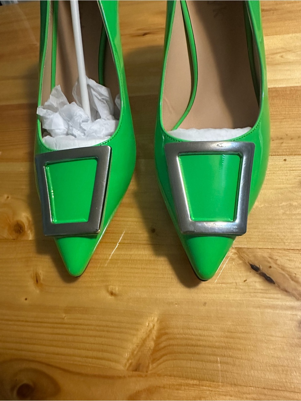 Bright Green Pointed Toe Women’s Pumps with Silver Buckle Accent - Picture 2 of 7